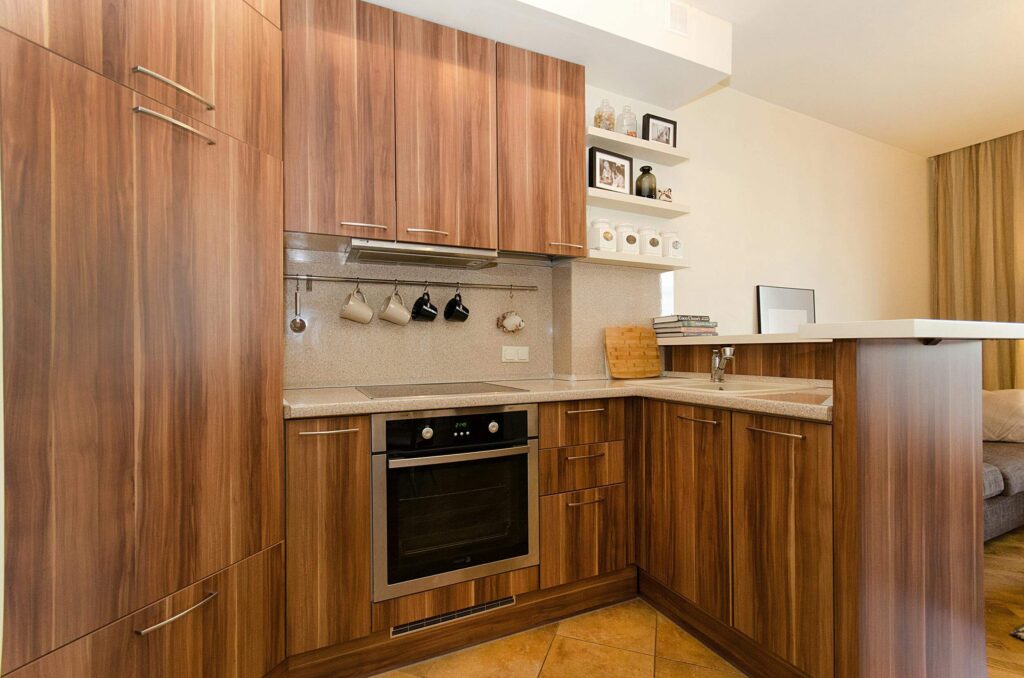 Modern Kitchen with Wooden Cabinets and Open Shelves